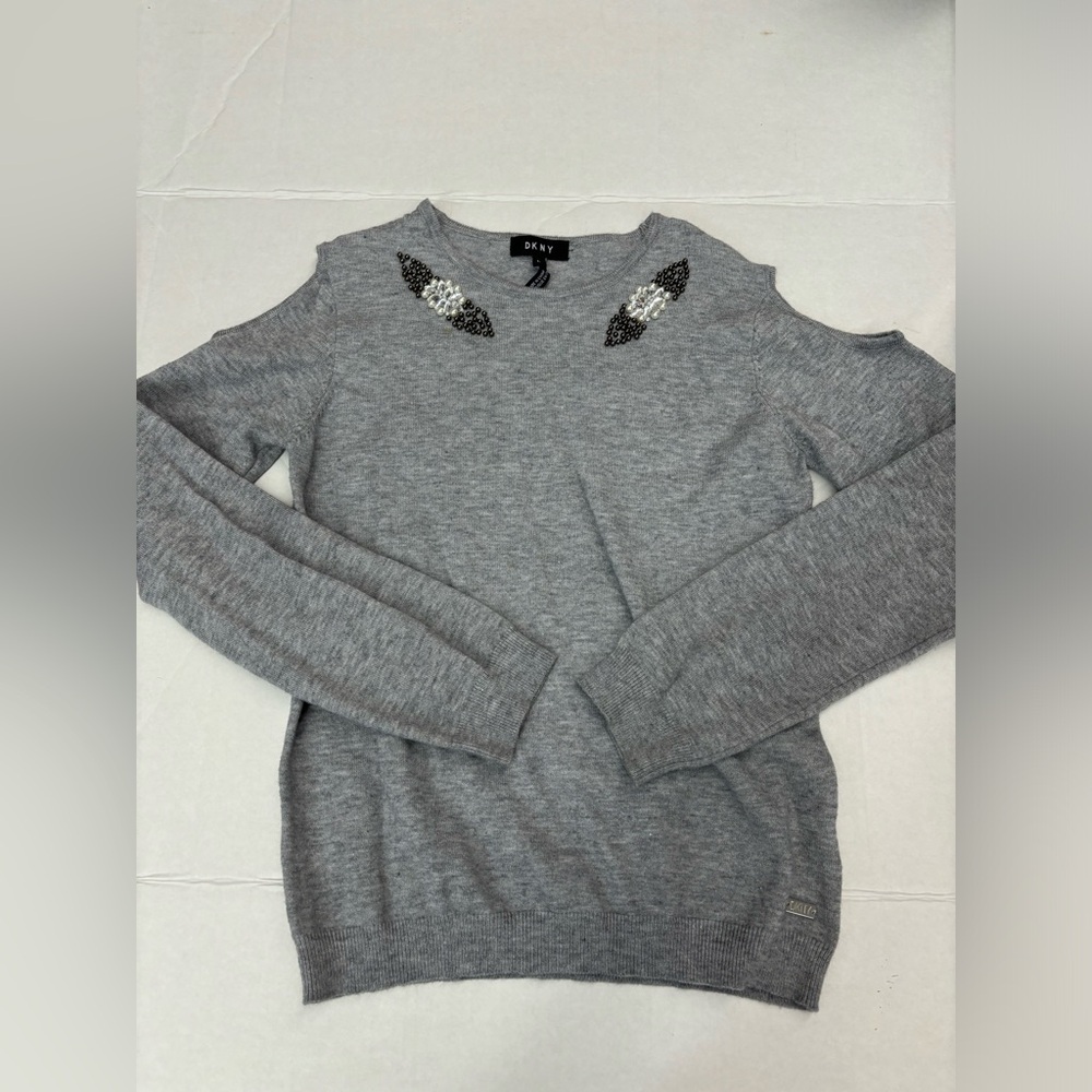 DKNY knitted top beads detail girls size Large gray color